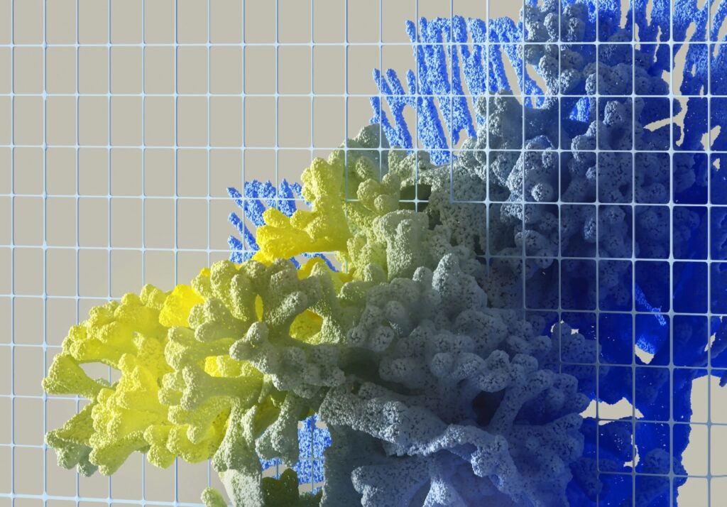 Color-coded neural coral cluster symbolizing personalized alerts and condition-specific watchlists for clinical trial monitoring