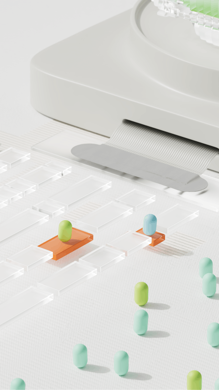 Abstract 3D illustration of miniature human figures standing on orange and blue platforms connected by a digital network grid, symbolizing clinical data flow and patient connectivity.